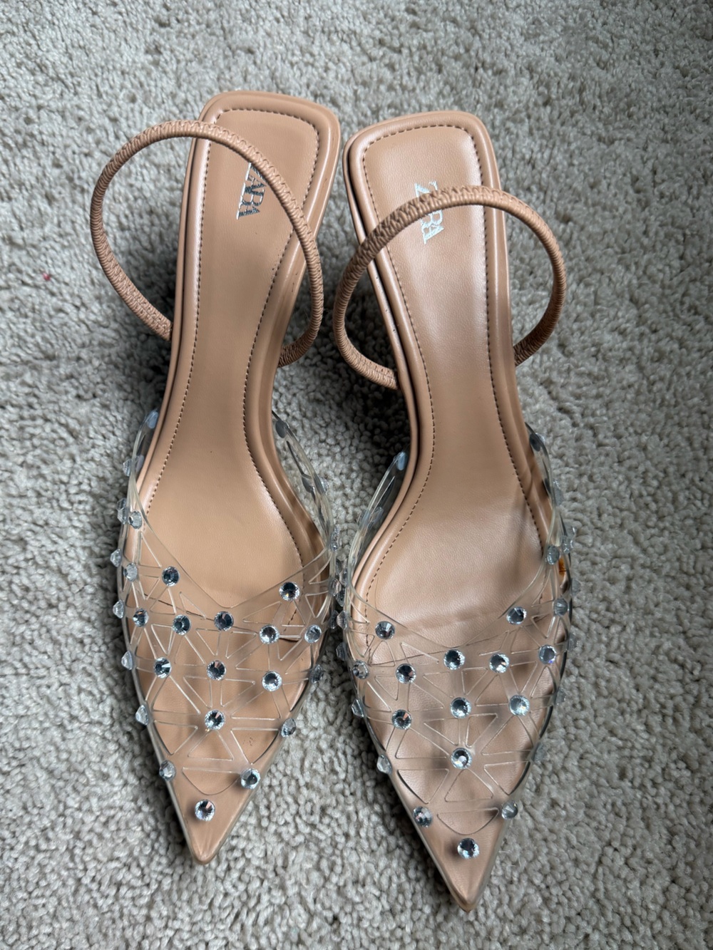 ZARA RHINESTONE HEELED SLINGBACKS BEIGE